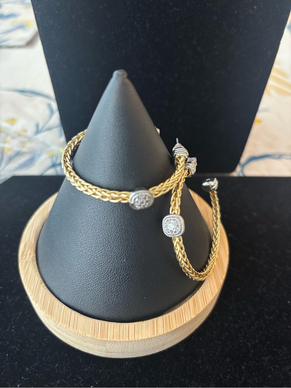 Braided Gold-Tone Hoop Earrings with Pavé End Caps